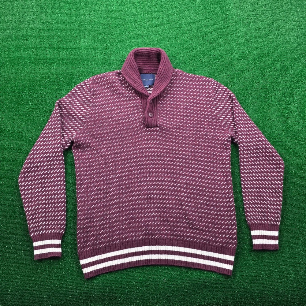 American Eagle Sweater Mens Large Red Burgundy Fair Isle Shawl Collar Knit